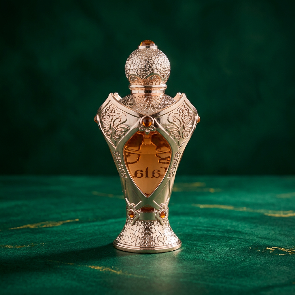 Ornate rose-gold attar bottle with domed filigree cap, amber cabochon stones and amber oil visible through the central window, on deep emerald