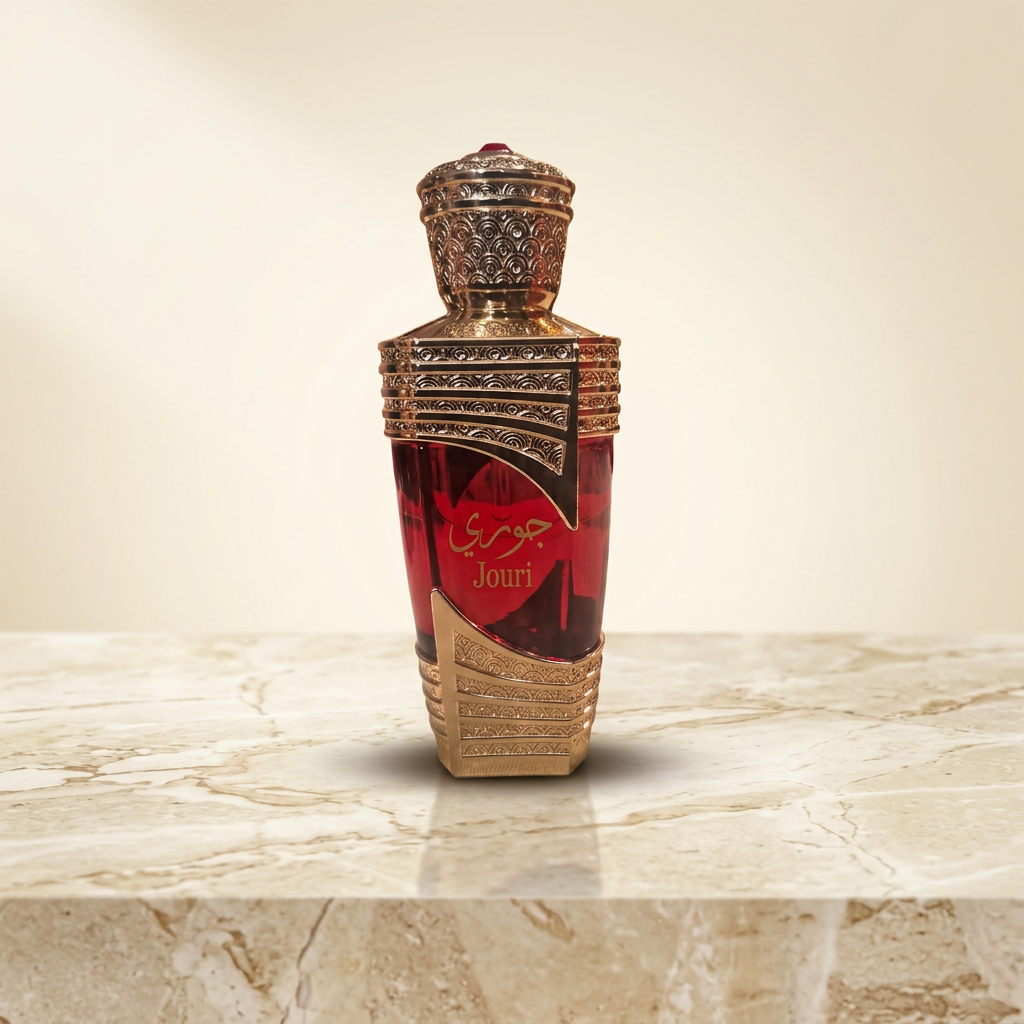 Jouri eau de parfum in a ruby-red glass bottle with ornate gold and silver metalwork, photographed on cream marble