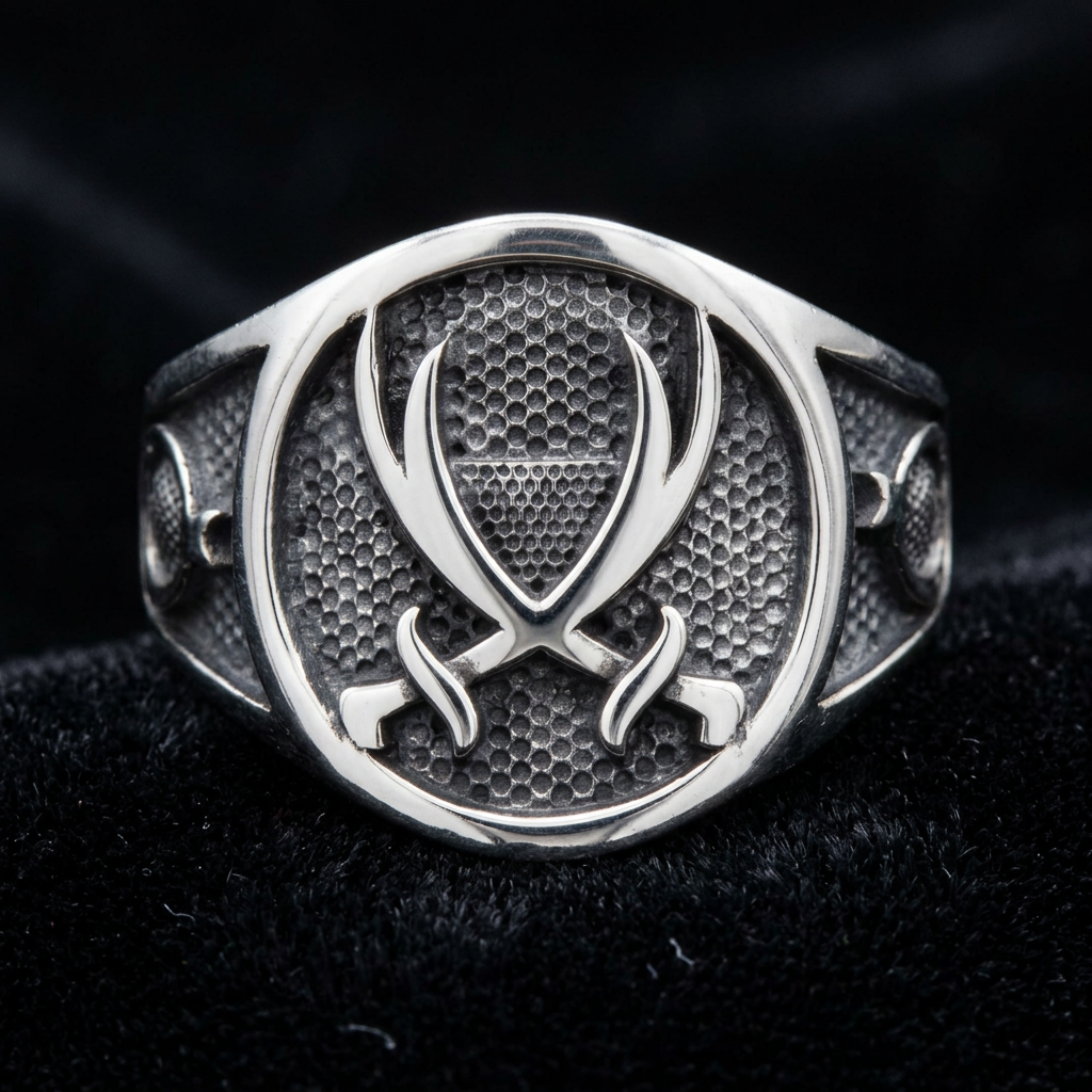 Silver signet ring with a crossed-swords motif over a stippled oxidised field and engraved shoulders, photographed on black velvet
