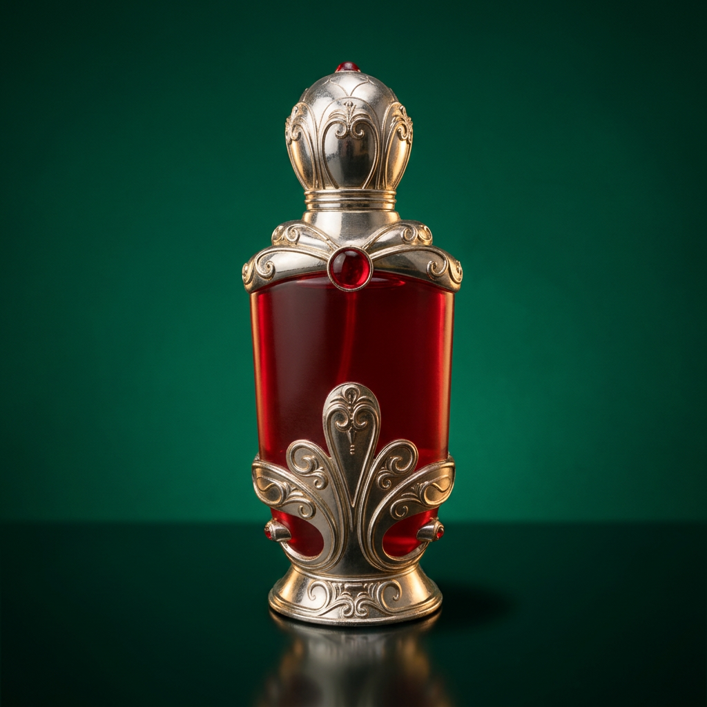 Ruby-red attar bottle with silver crown cap and scrolled filigree, photographed against a deep emerald backdrop
