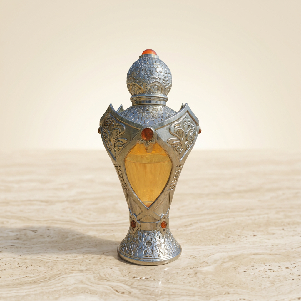 Silver filigree attar bottle with amber cabochon stones and a golden centre panel, photographed on cream travertine