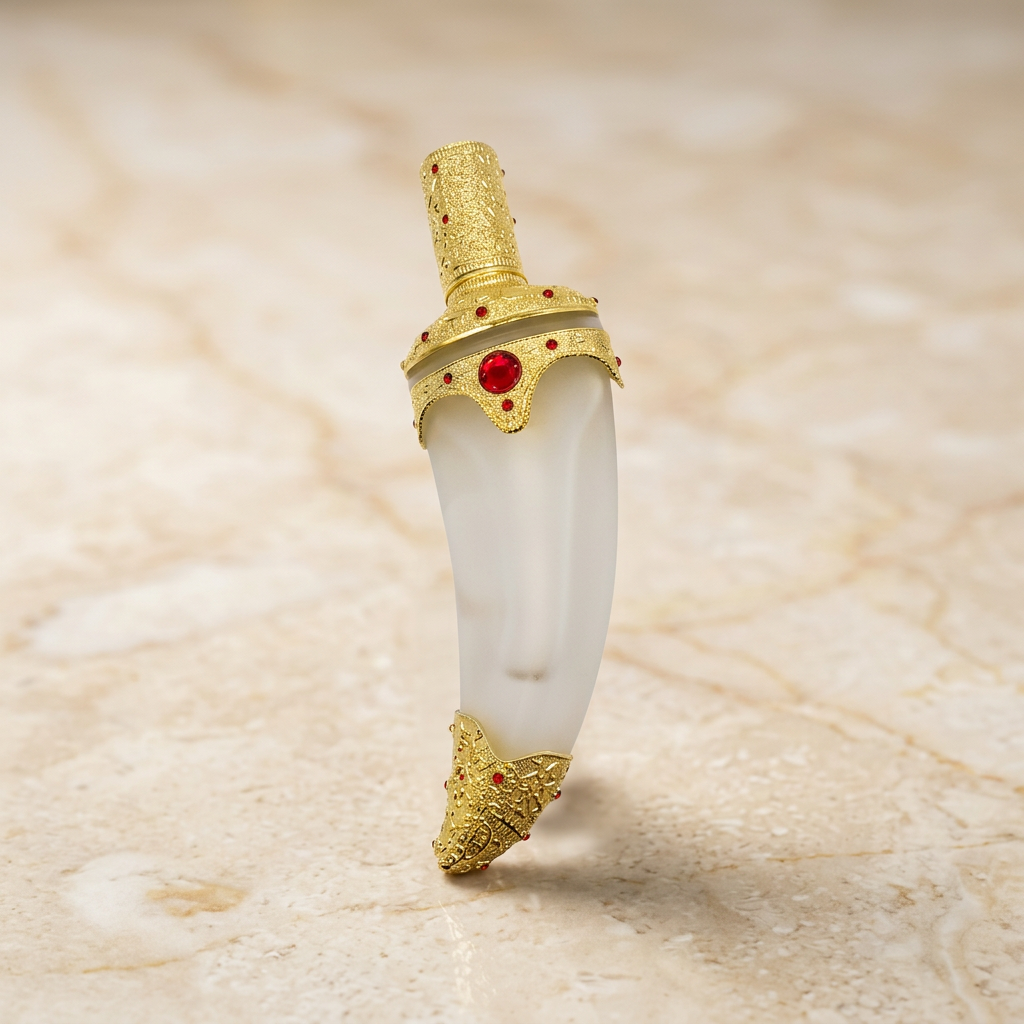 Dagger-shaped frosted white glass attar flacon with ornate gold filigree collar, cap and tip set with red gemstones, on cream marble