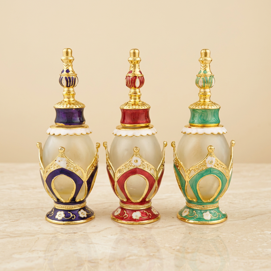 Three enamelled attar bottles in blue, red and green with gold detailing and frosted glass bodies, on cream marble