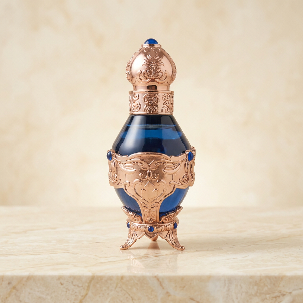 Deep blue glass attar bottle with rose-gold ornate cap, collar and footed base, photographed on cream marble