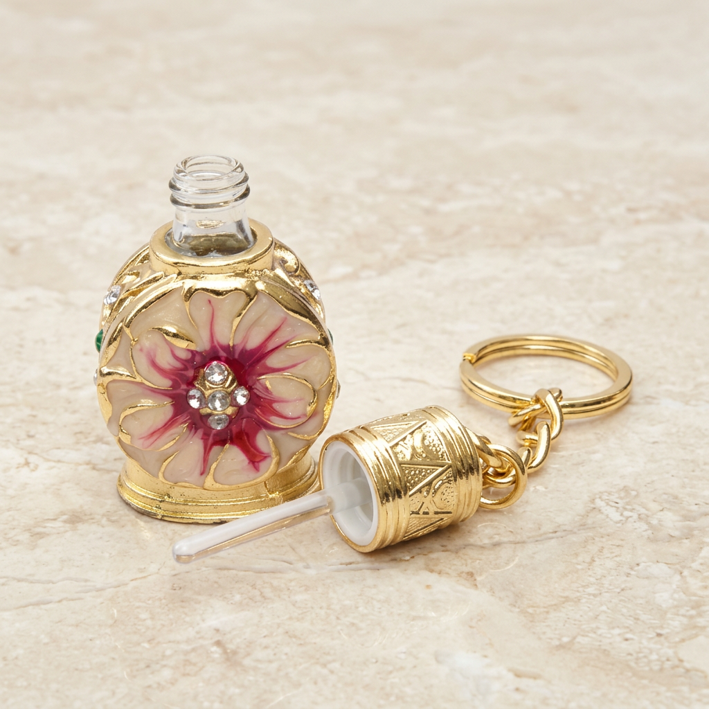 Small gold-toned refillable attar bottle with cream and red enamel flower motif and crystal centre, glass applicator wand and gold keyring, on cream marble