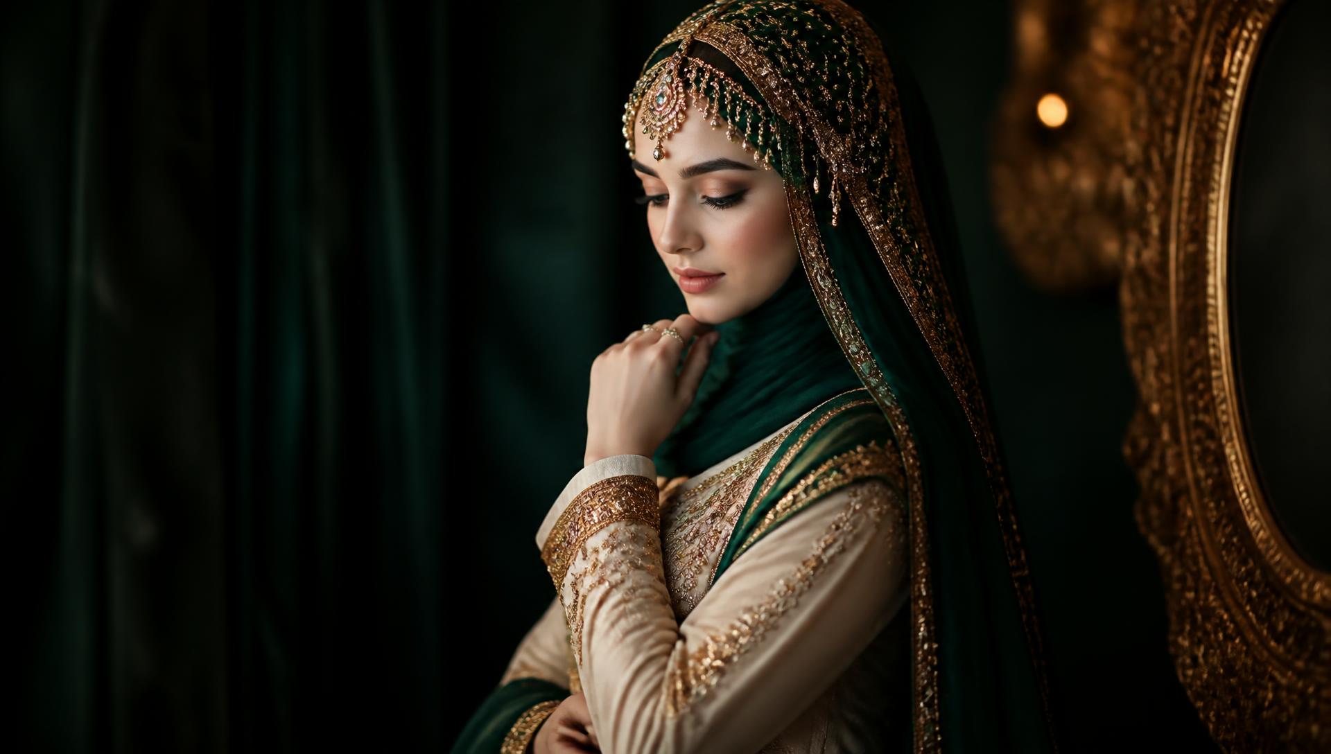 A woman in modest emerald and ivory dress wearing an ornate gold jewelled headpiece